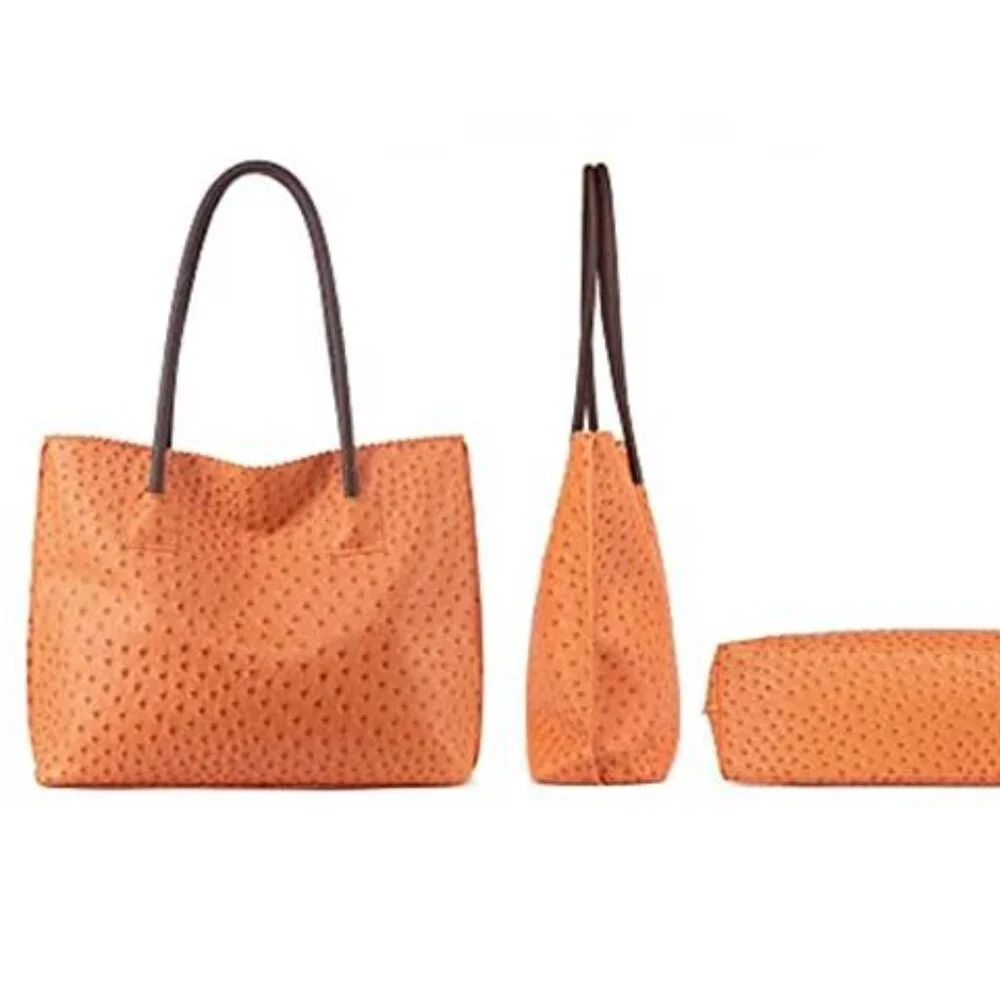VEGAN OSTRICH Style Leather Cruelty Free Large Capacity Honey Orange TOTE Bag
